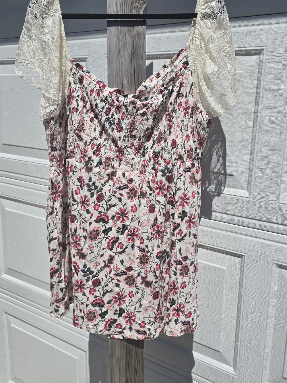 torrid Floral Smocked Blouse with Ivory Lace Sleeves